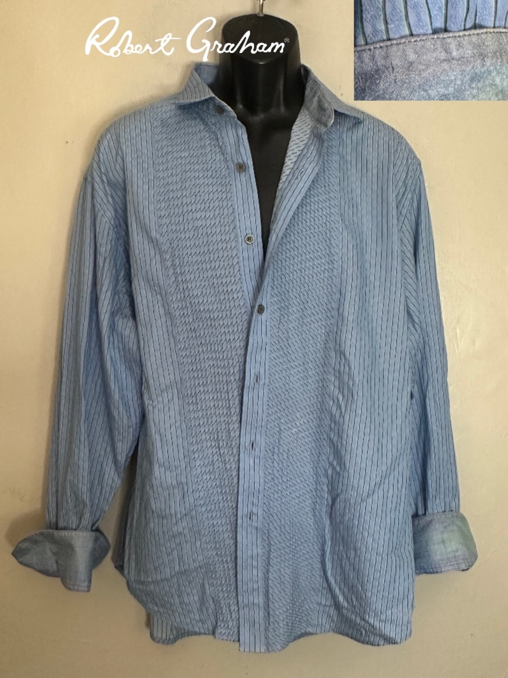 Robert Graham Pleated Contrast Long Sleeve Shirt 2XL Gently worn 100% cotton